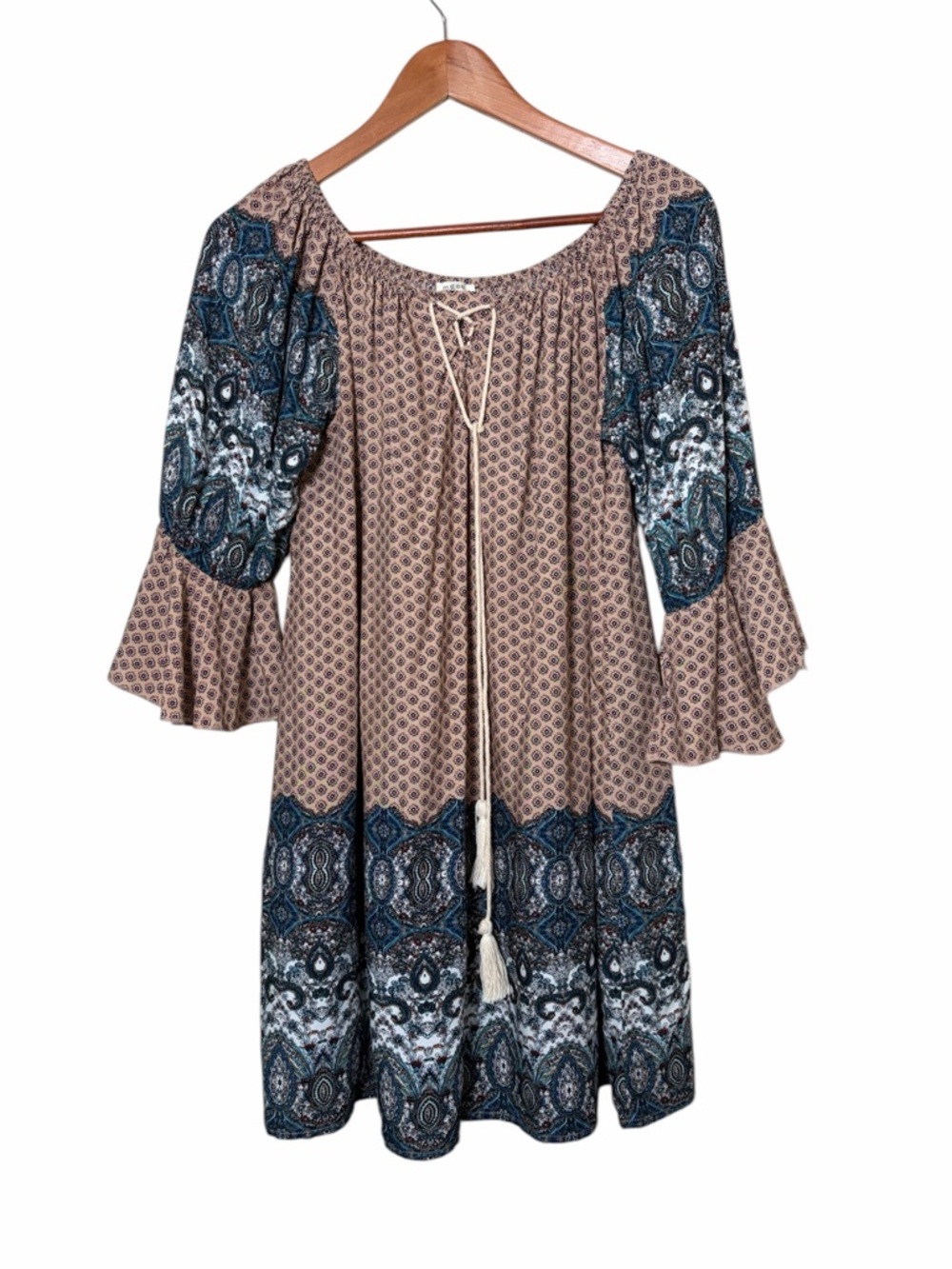 Umgee Boho Bell Sleeve Tunic Mini Dress Paisley Size Medium